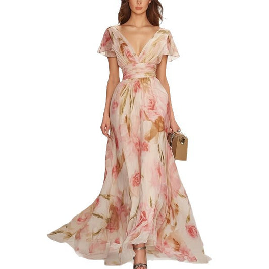 Women's Short-sleeved Digital Printed Long Elastic Waist Dresses