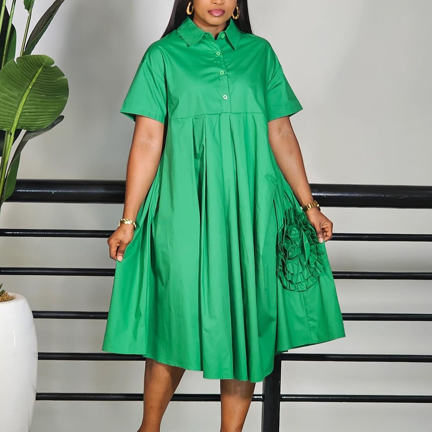 Women's Short-sleeved Solid A- Line Dress African Dresses