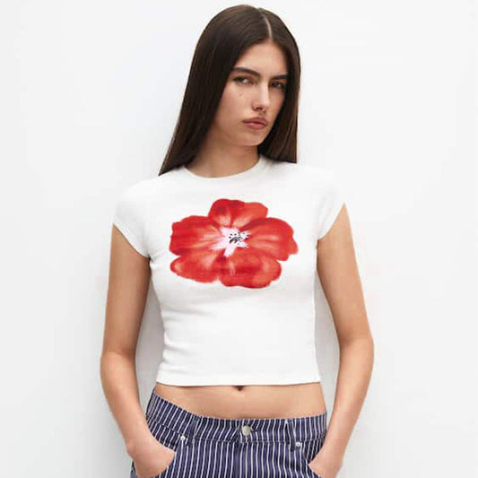 Women's Street Fashion Print Round Neck Short-sleeved Blouses
