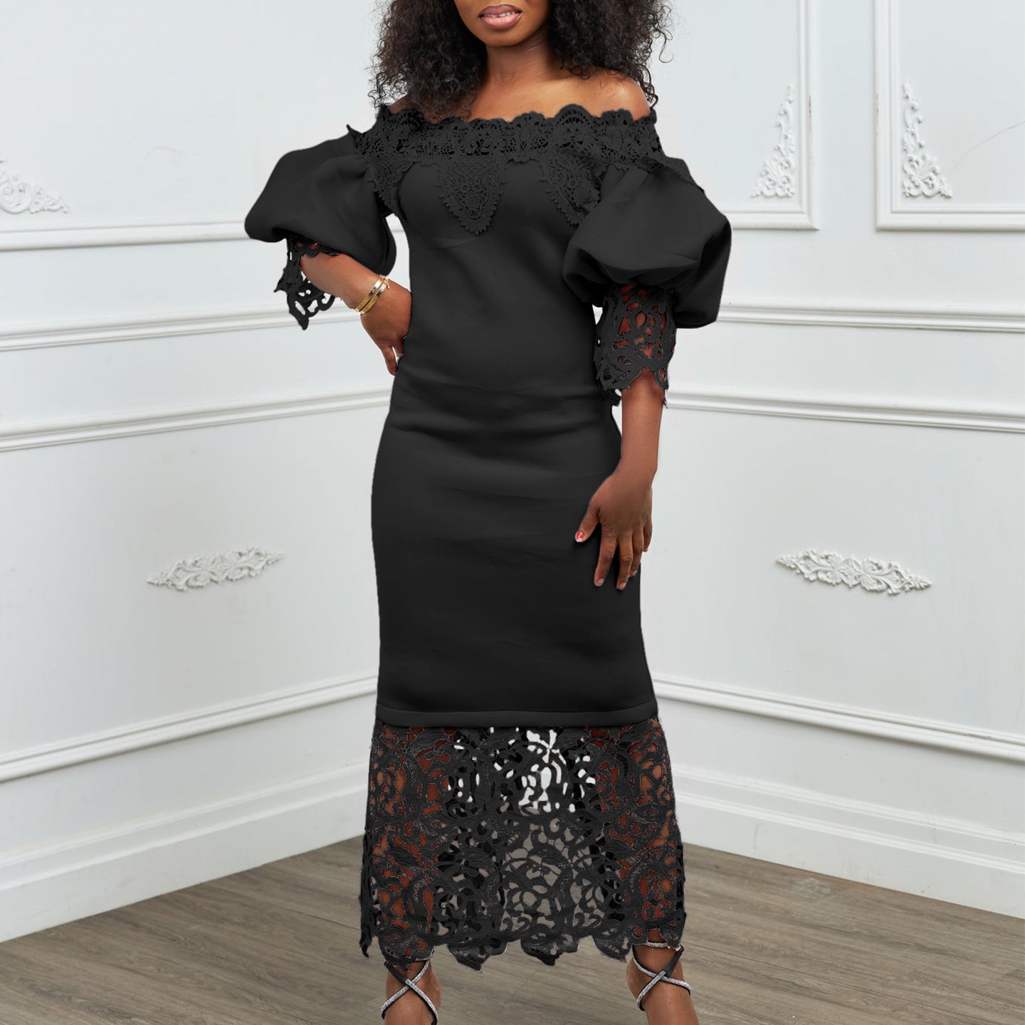 Women's Lace Stitching Banquet Lantern Sleeve Bridesmaid Dress