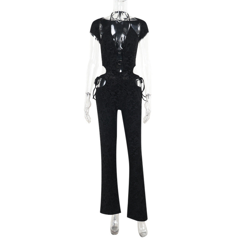 Women's Autumn Elegant Sexy Slim Flocking Halter Jumpsuits
