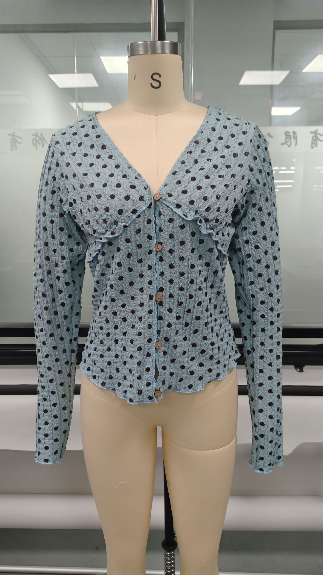 Style Polka Dot Long Sleeve Knitted Ruffled Lace Women's Sweater