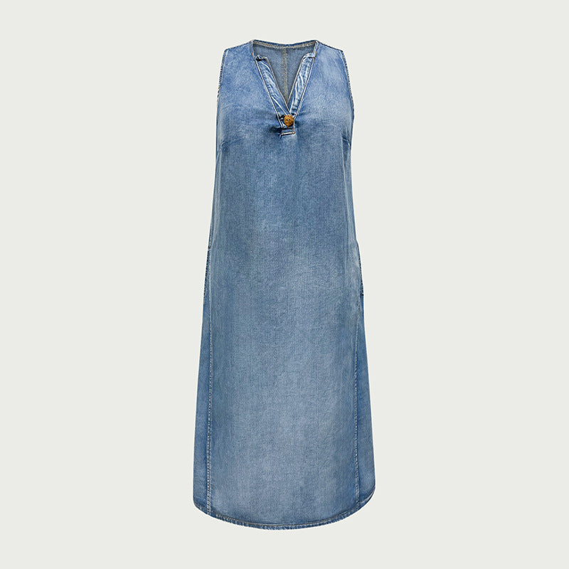 Women's Blue Washed Loose Slim Fit Casual Wild Vests