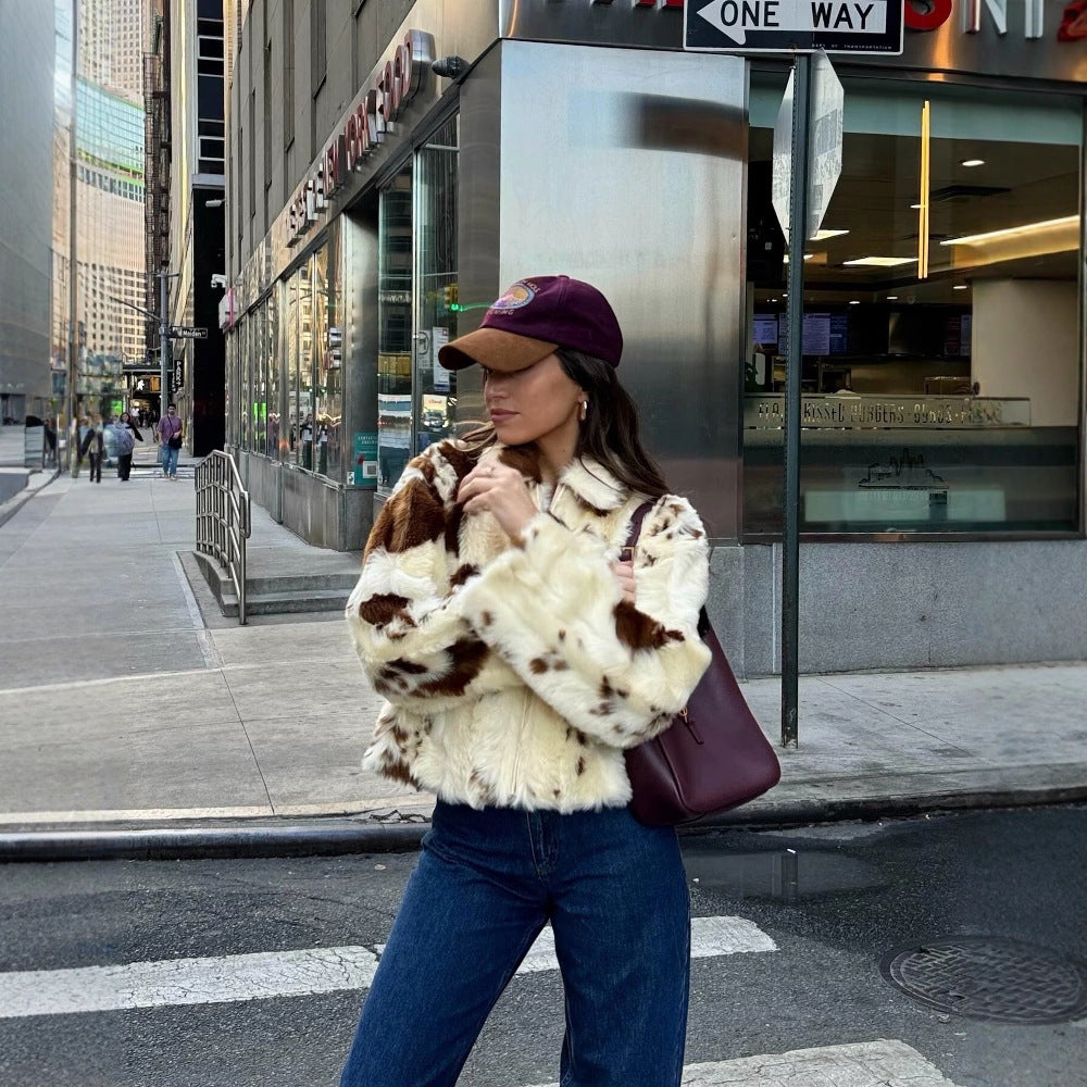 Women's Fashion Simple Leopard Print Fur Furry Coats