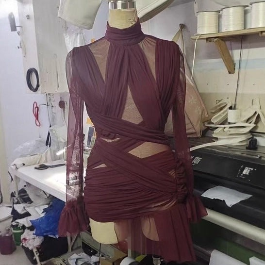 Women's Autumn Ruffled Brown Turtleneck Pleated Stitching Dresses