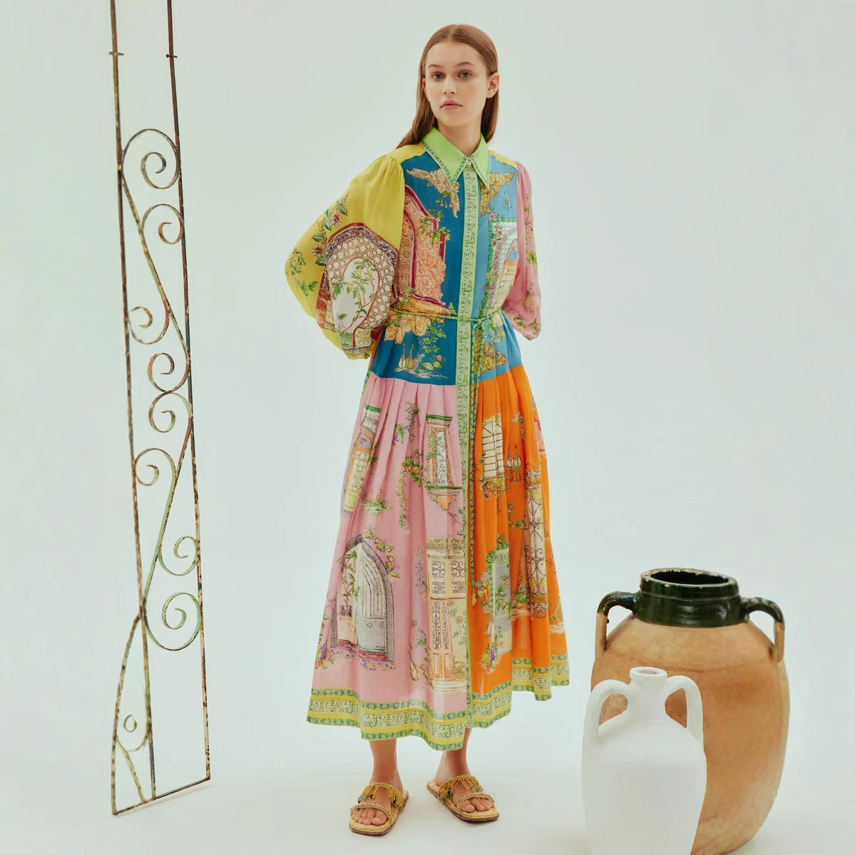 Single-breasted Long Lantern Sleeve Iti Printing Dress