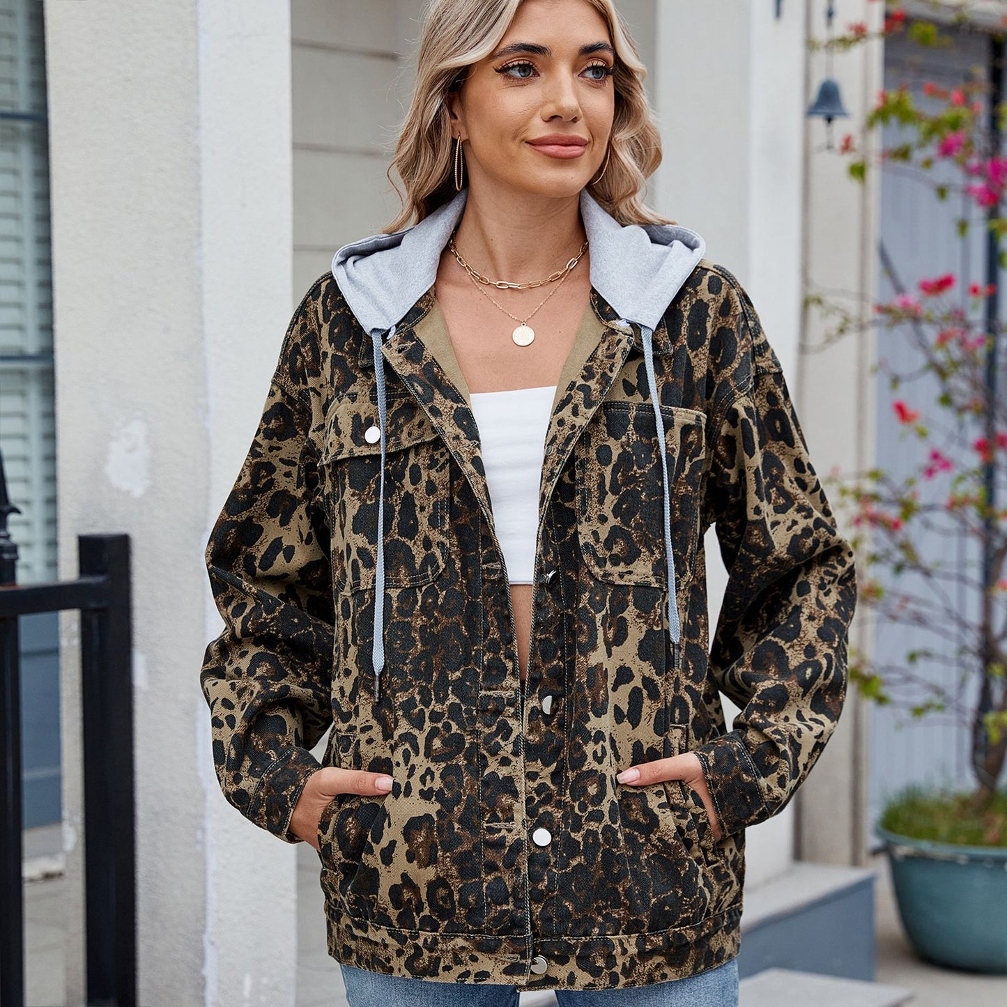 Women's Washed Fashion Leopard Print Denim Jackets