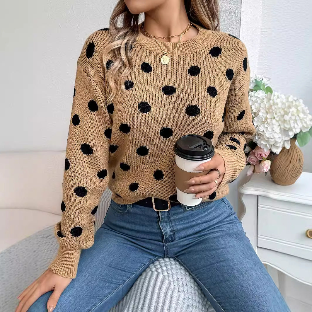 Women's Contrast Color Polka Dot Long Sleeve Sweaters