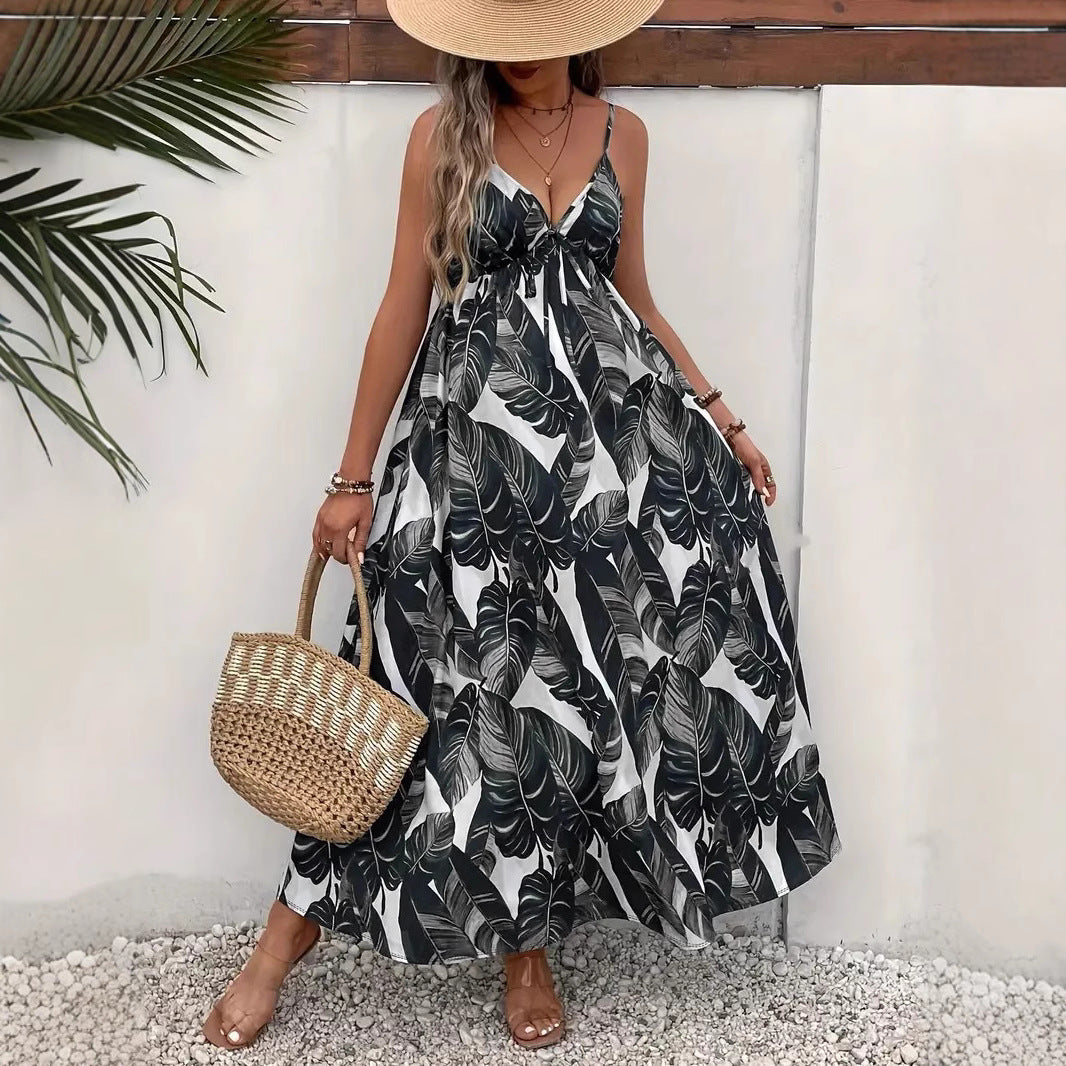 Summer Printed Spaghetti Straps Sleeveless Tropical Printing Dress