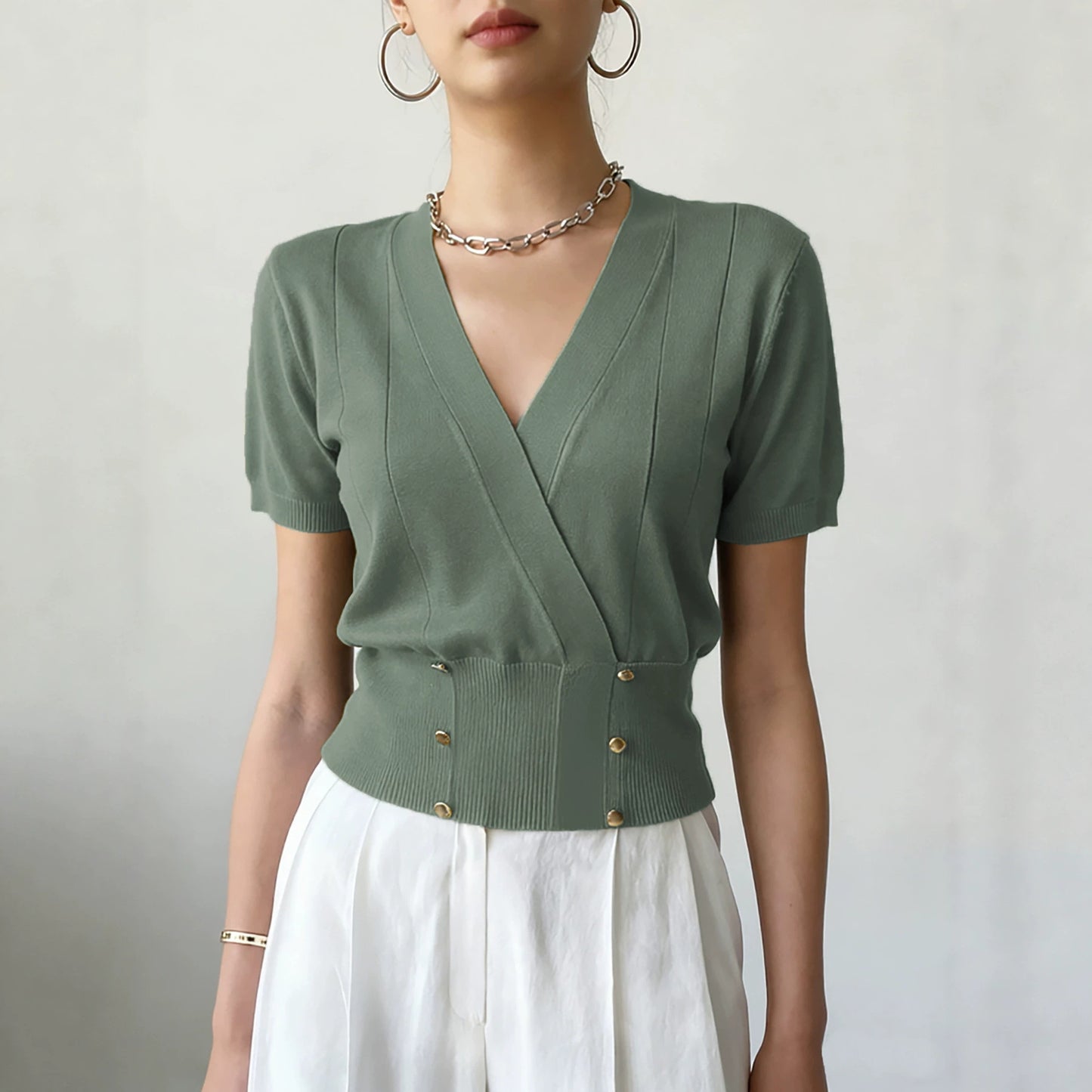 Women's Collar Tight Waist Fake Button Design Women's Sweater