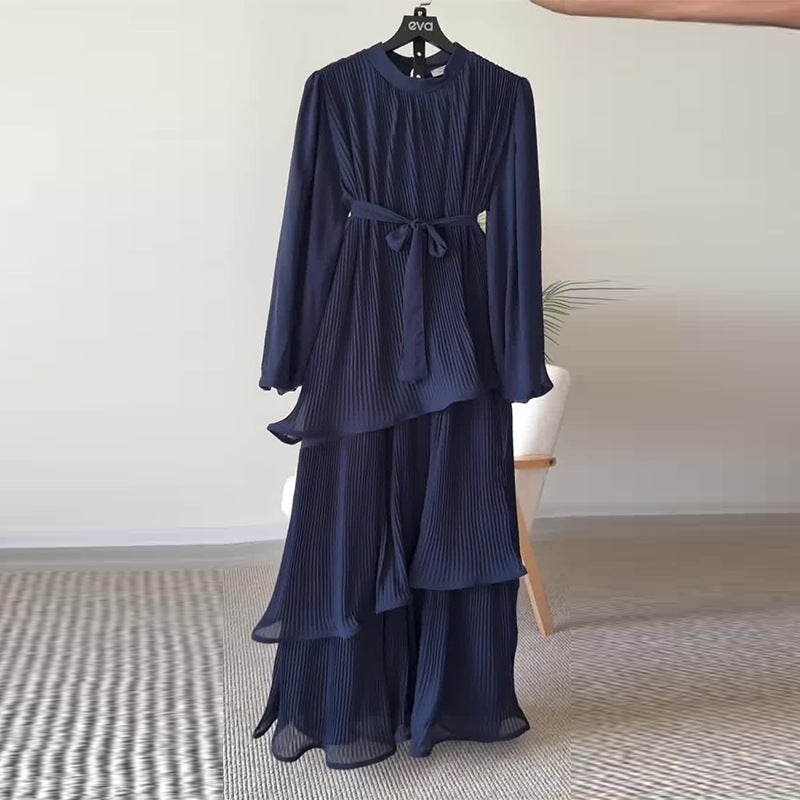 Women's Round Neck Long Sleeve Ruffled Strap Dresses