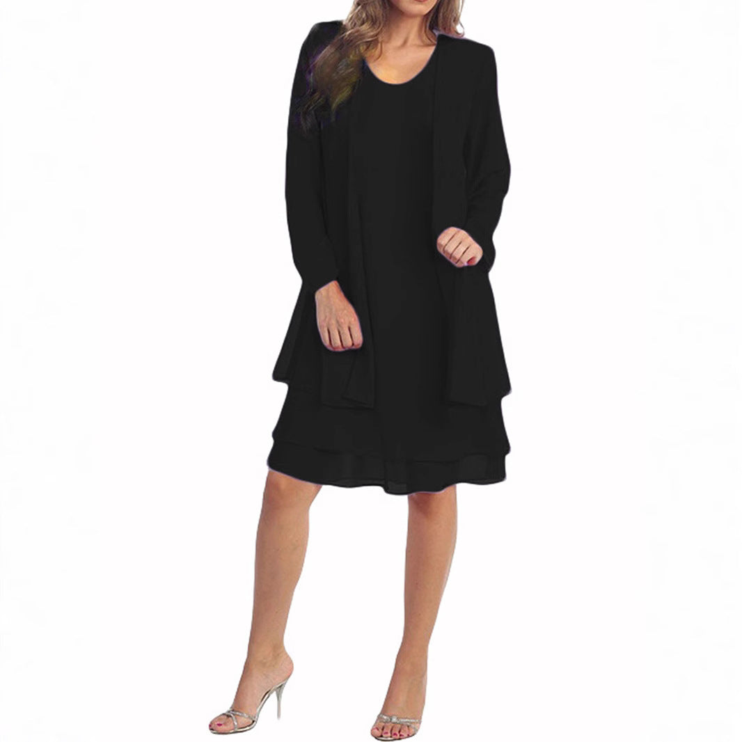 Women's Spring Chiffon Stitching Long Sleeve Mid-length Dresses