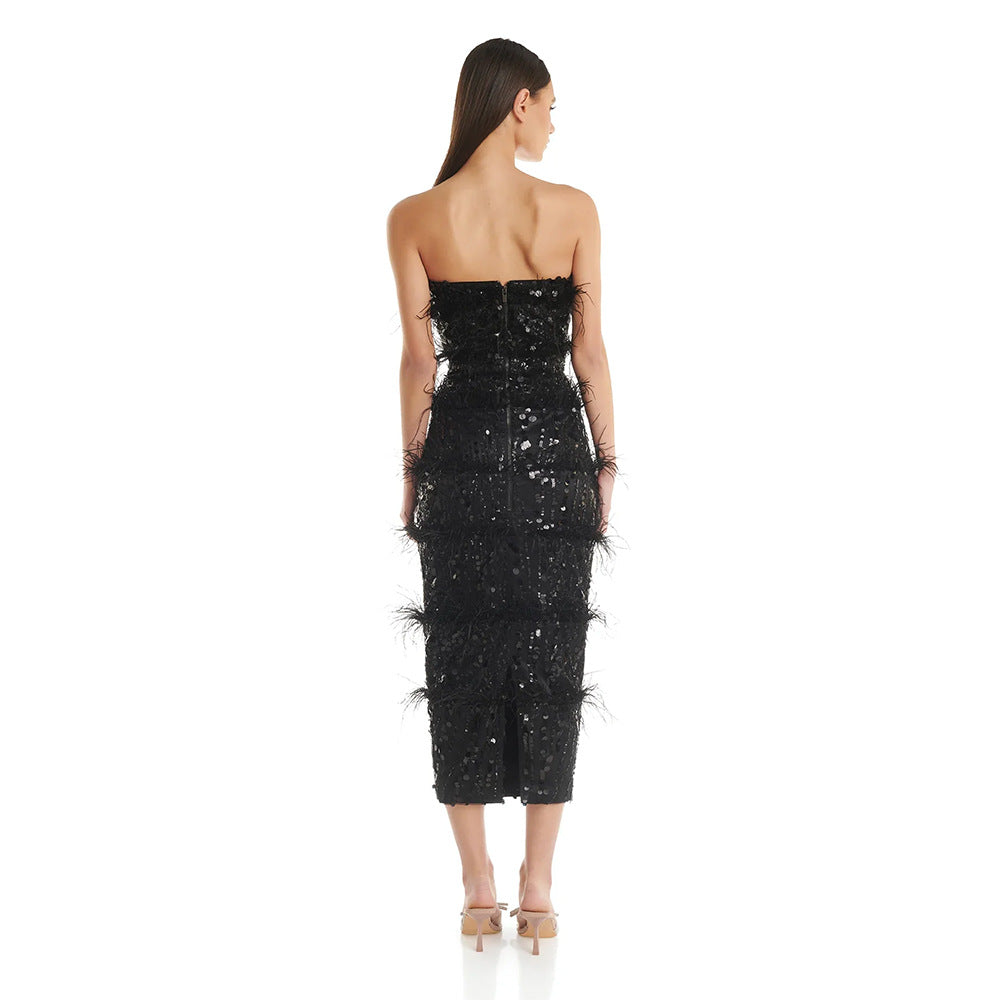 Women's Sexy Ostrich Feather Tube Dress Slim Dresses