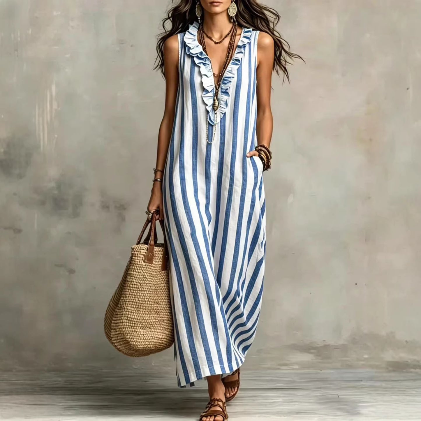 Summer Bohemian Style Vertical Stripes Ruffled Dress