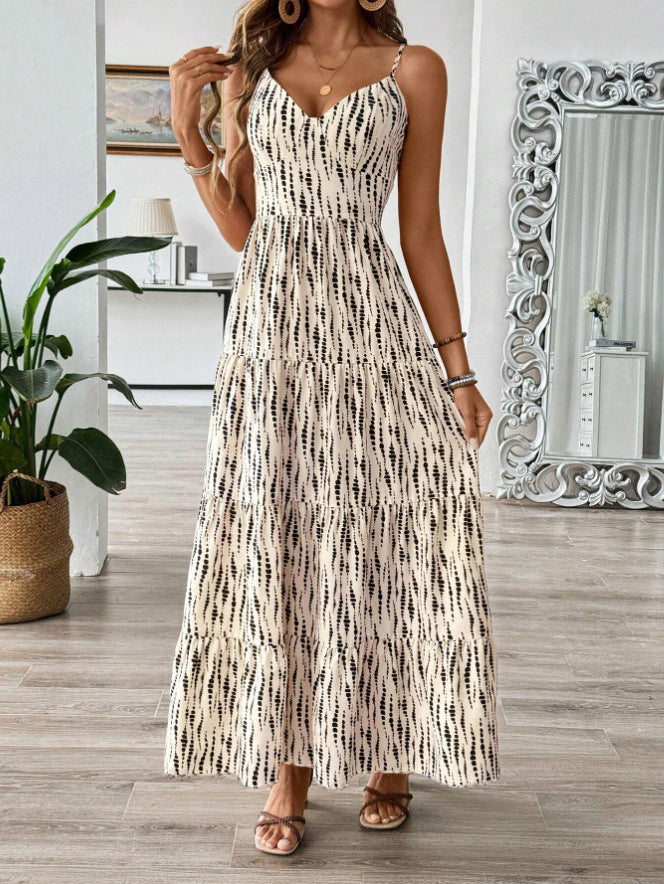 Women's Vacation Style Suspender Irregular Striped Design Dress
