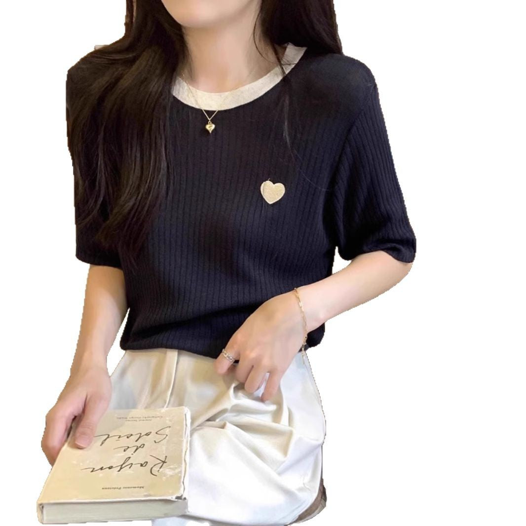 Women's Summer French Style Loose Contrast Color Love Embroidered Knitwear