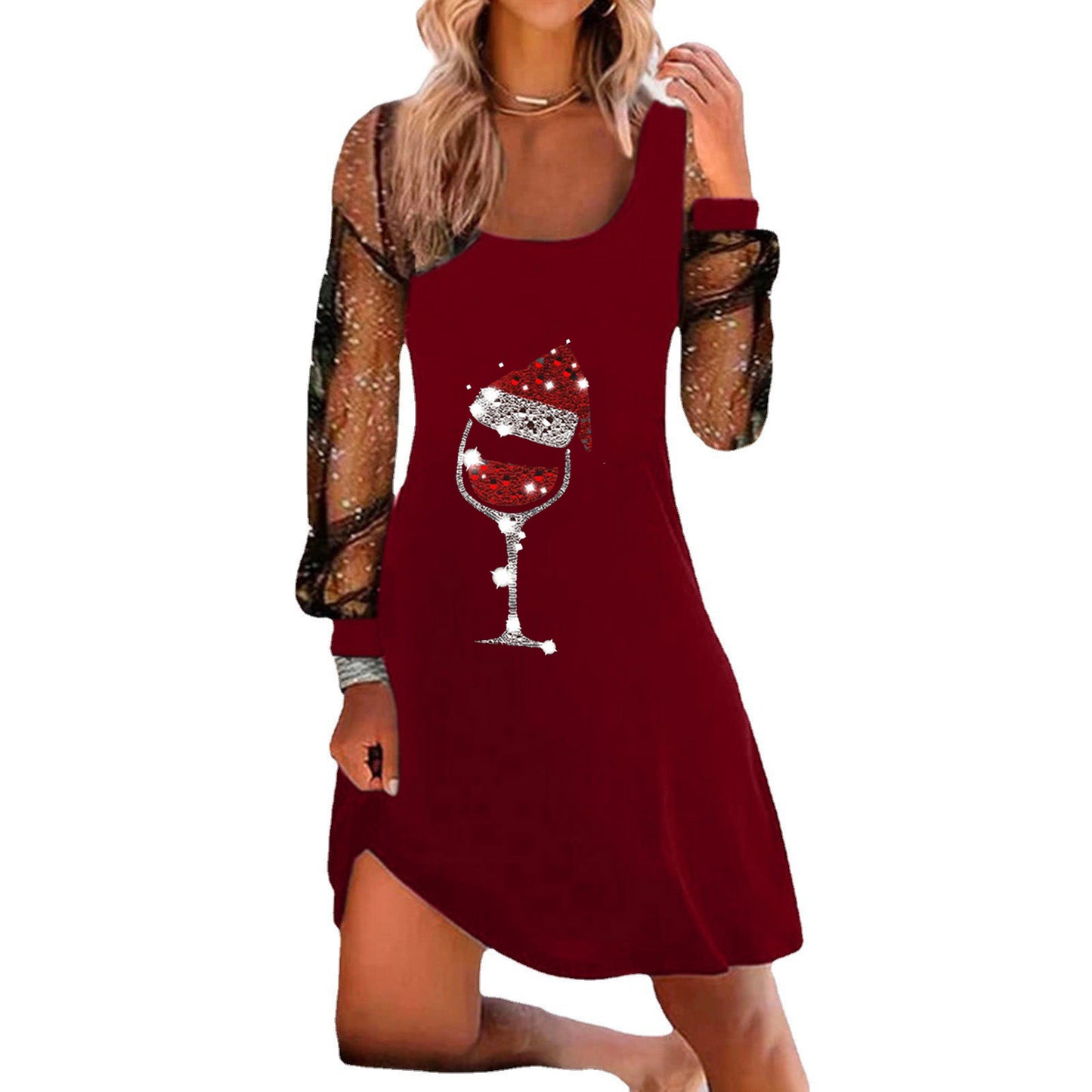 Women's Autumn Christmas Wine Glass Printed Pullover Long Clothing