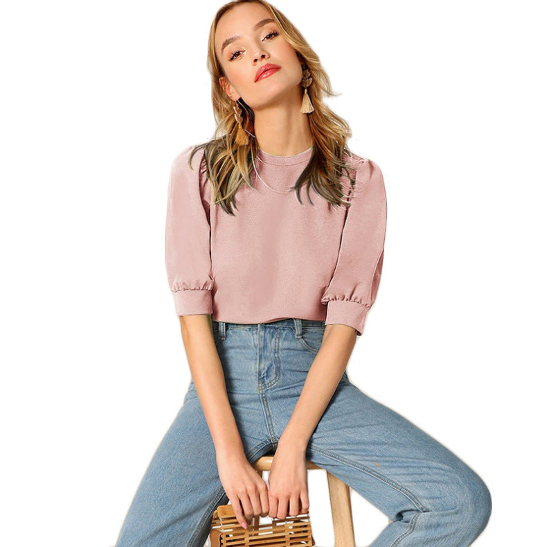 Color Buttons Round Neck Lantern Sleeve Blouses