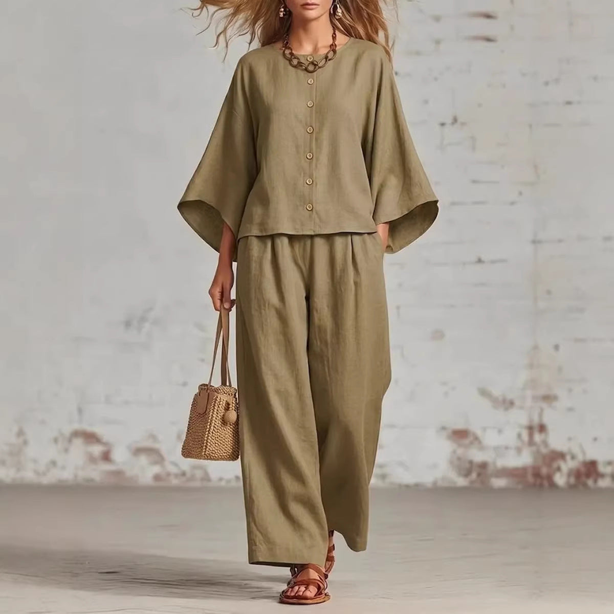 Popular Women's Cotton Linen Wide Leg Fashion Casual Suit