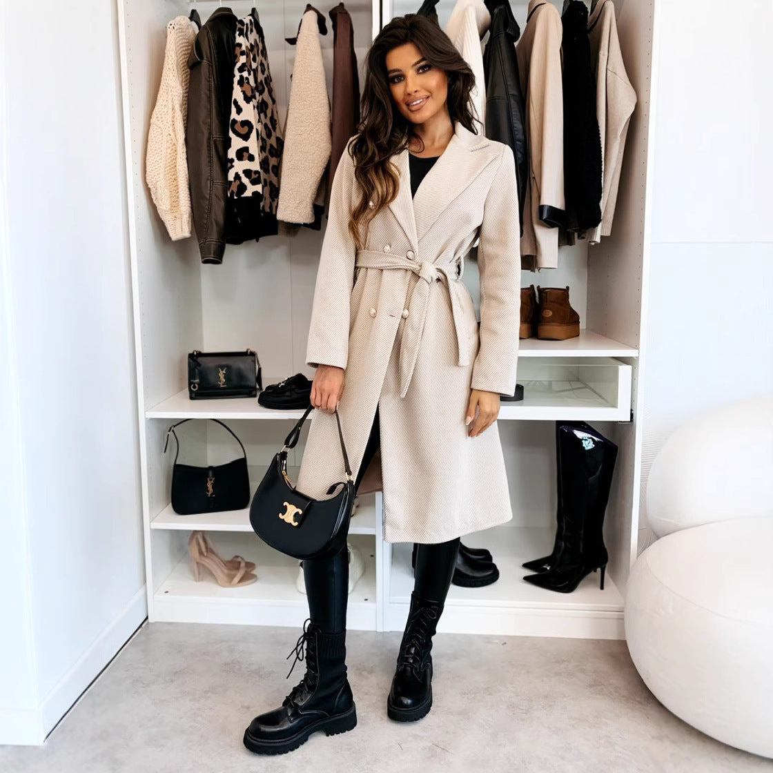 Women's Fashion Simple Solid Color Double-breasted Woolen Coats