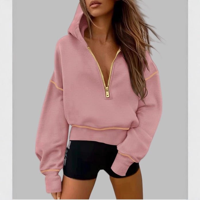 Women's Half Zipper Ladies Hooded Long-sleeved Fashion Sweaters