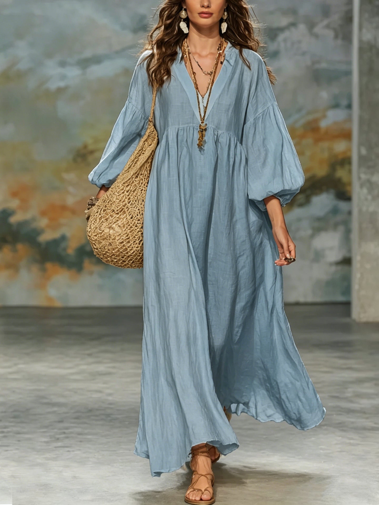 Women's Cotton Linen Deep V Lantern Sleeve Dress