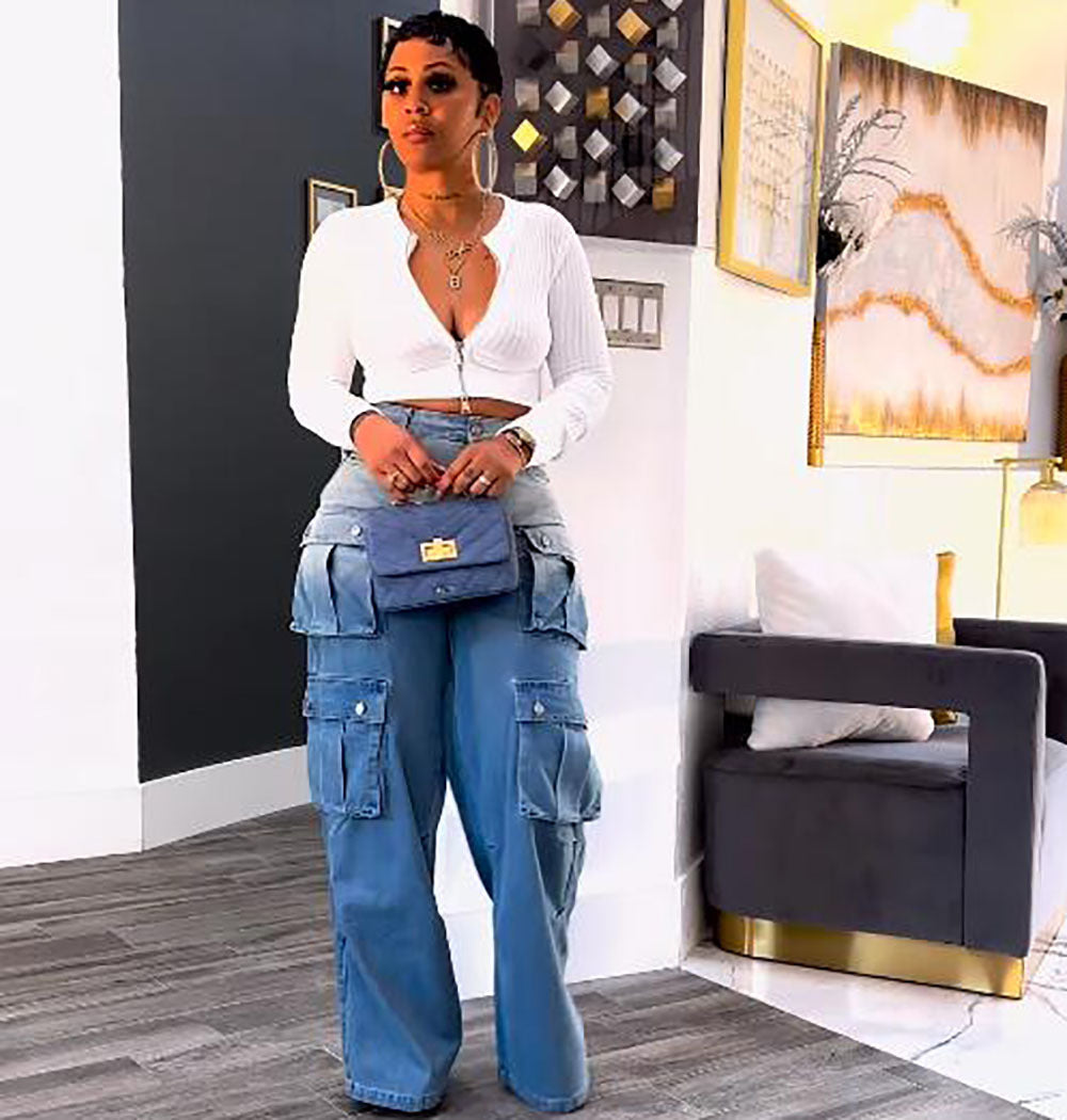 Women's Fashion High Waist Gradient Color Wide Jeans