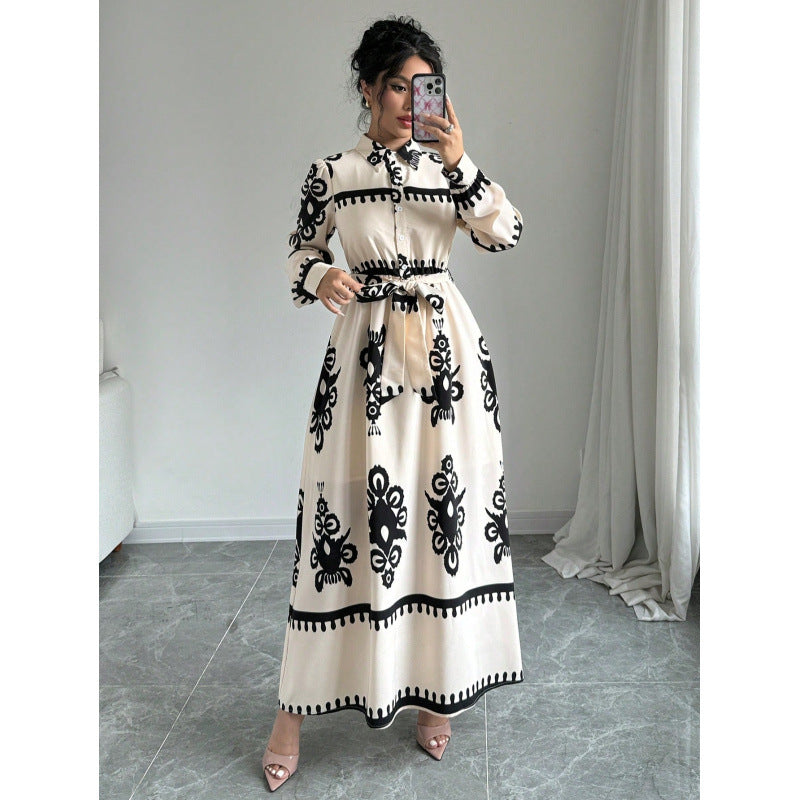 Printed Lace Up Shirt Long Sleeve Dress