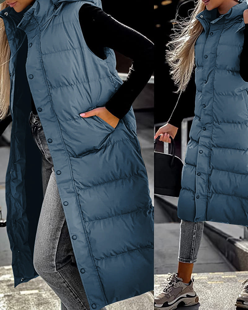 Women's Solid Color Extended Hooded Casual Fashion Vests