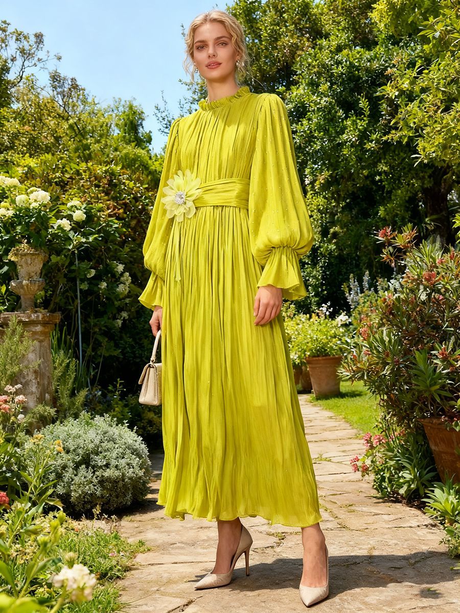 Women's Autumn Elegant Casual Style Lantern Sleeve Waist Dresses