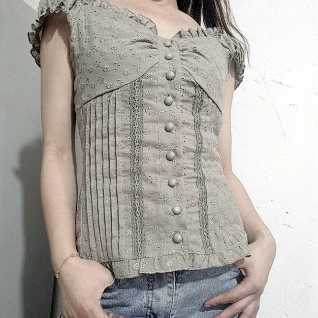 Pleated Hanging Shoulder Button Folding Lace Blouses