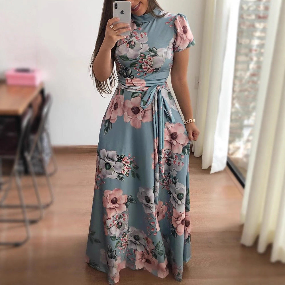 Women's Autumn Flower Print Sleeve Large Swing Dress