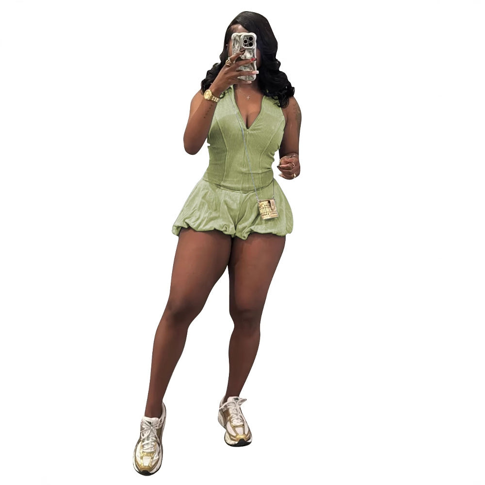 Women's Leisure Washed-out Sleeveless One-piece Bubble Shorts