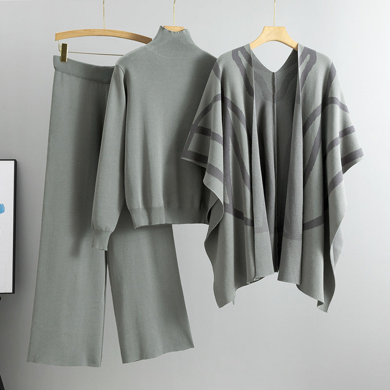 Women's Temperament Idle Style Knitted Shawl Cape Wide Leg Fashion Casual Suit