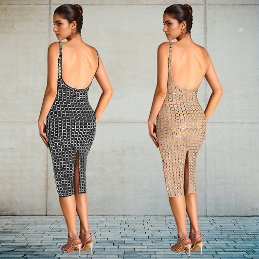 Women's Sexy Backless Hot Drilling Sling Bag Dresses
