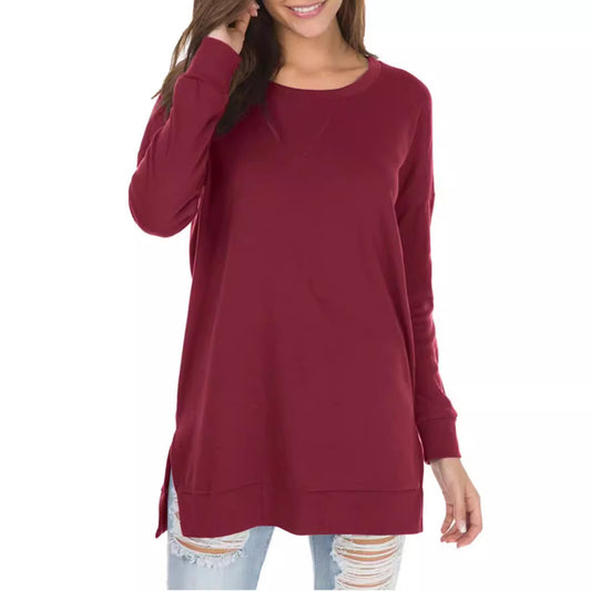 Women's Popular Slit Loose Round Neck Long Blouses