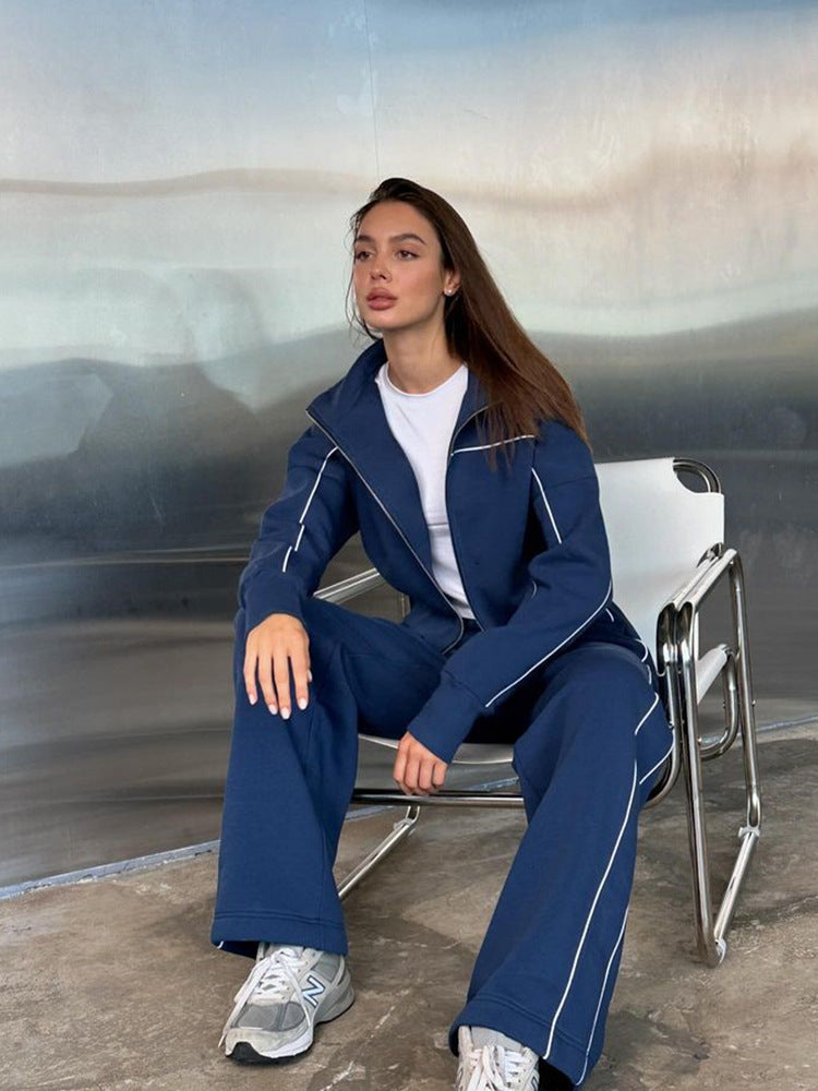 Women's Casual Long-sleeved Zipper Striped Trousers With An Suits