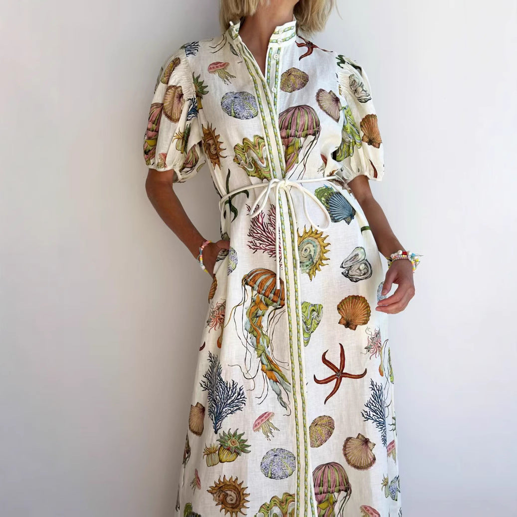 Temperament Leisure Stand Collar Linen Dress Dresses