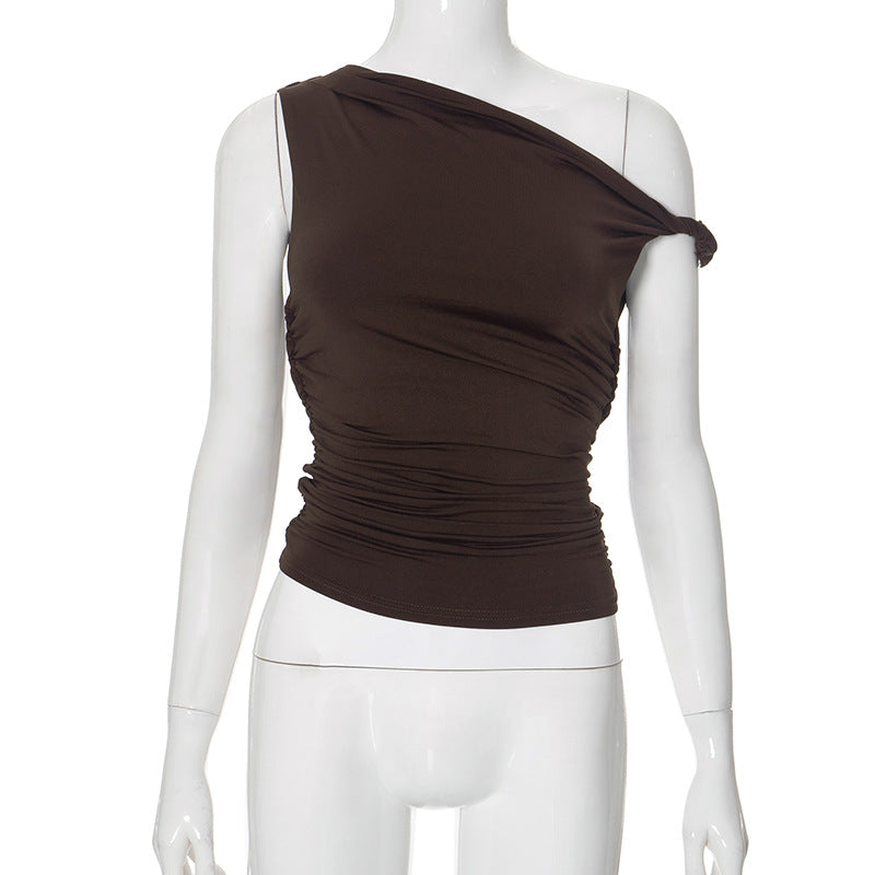Women's Solid Color Diagonal Collar Pleated Asymmetric Tops