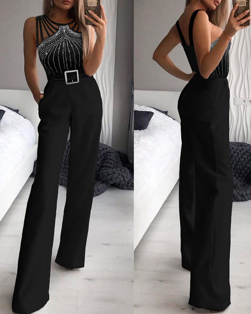 Black Rhinestone Sexy Sleeveless Fitted Waist Pants