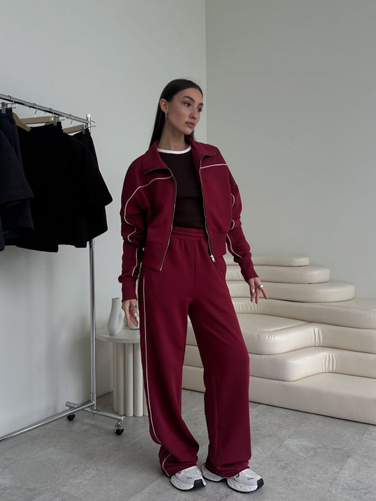 Women's Casual Long-sleeved Zipper Striped Trousers With An Suits