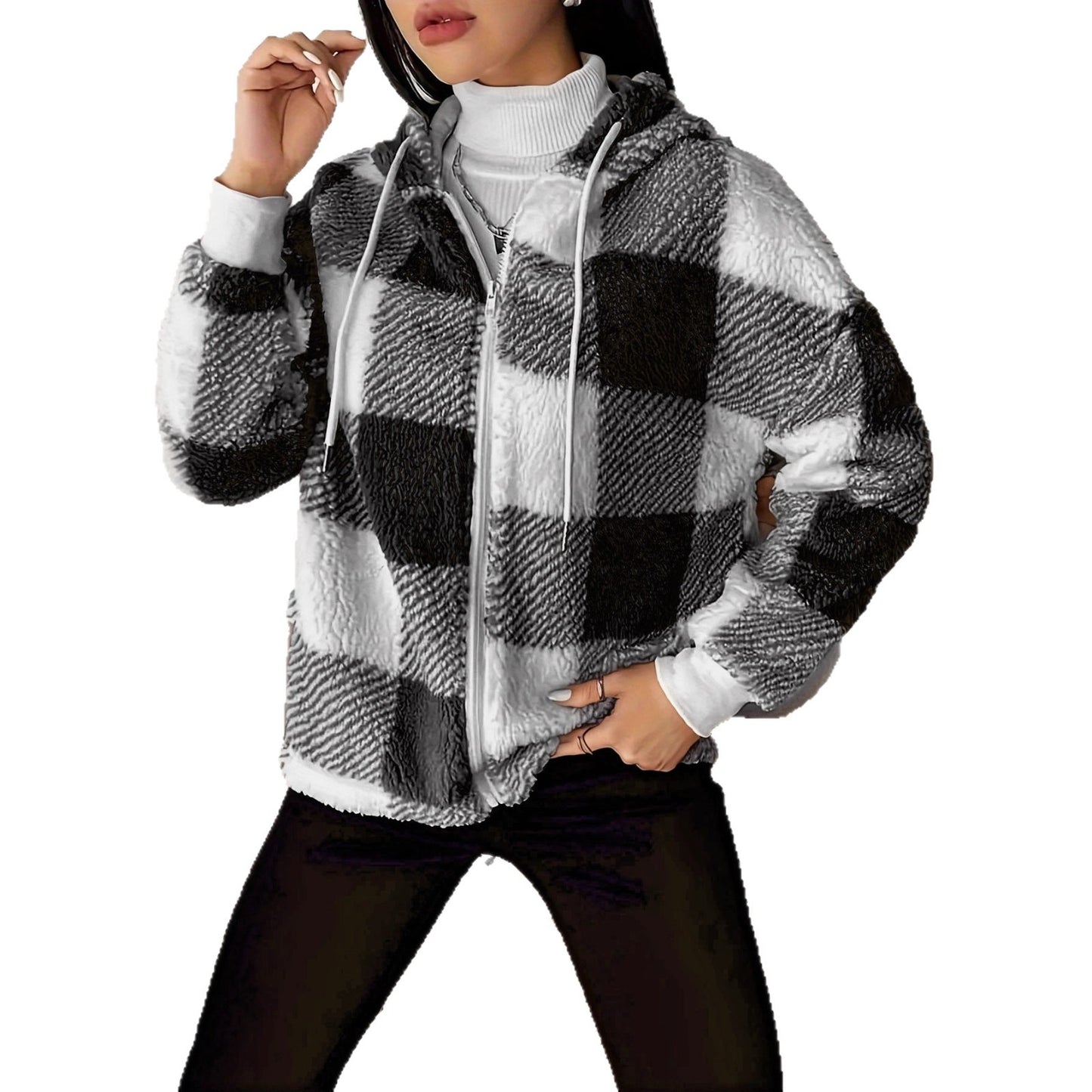 Women's Fleece Sweatshirt Loose Casual Hooded Plaid Women's Sweater, Sweater