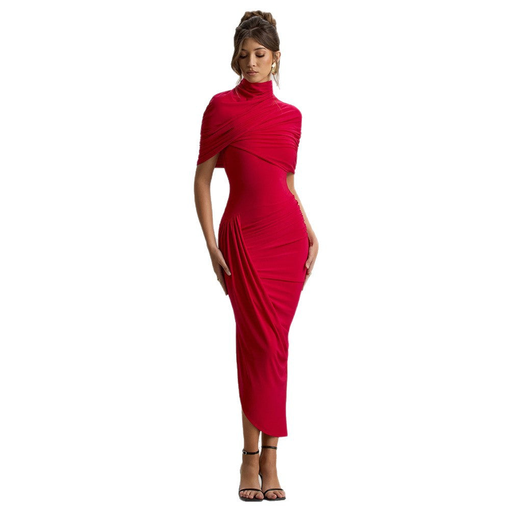 Women's Spring Solid Color Fashion Shawl Irregular Pleated Slim Dress