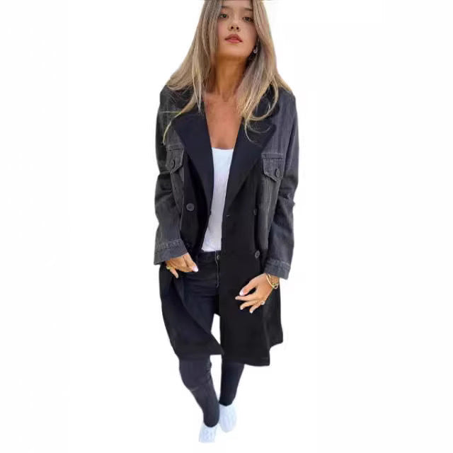 Women's Fashion Tailored Collar Denim Stitching Mid-length Jackets