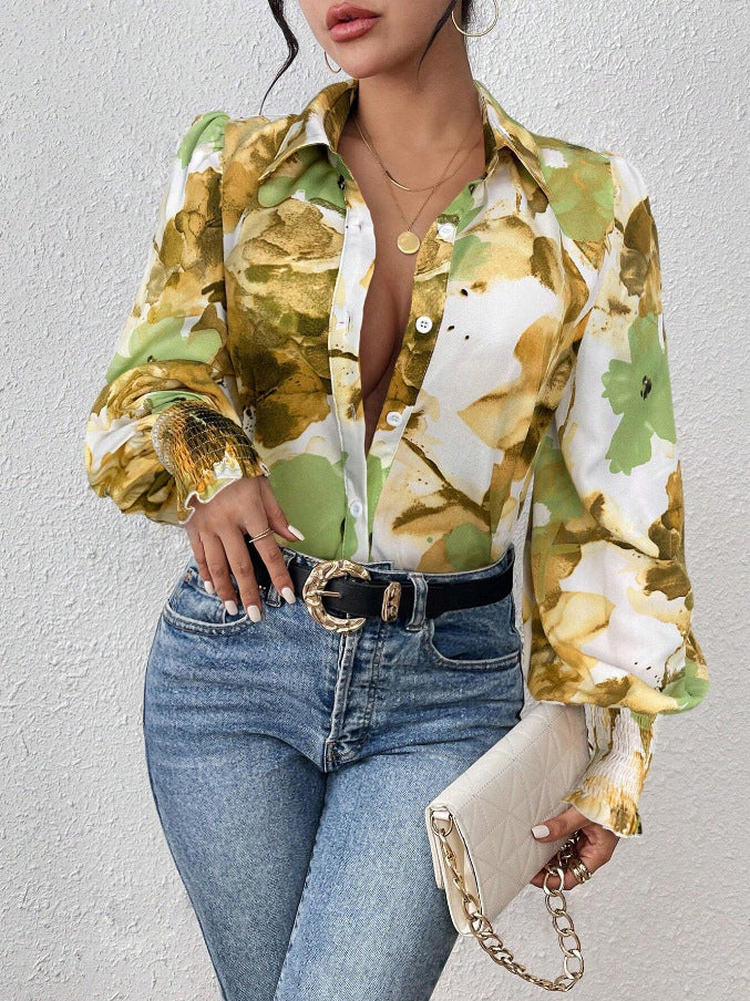Women's Lapel Bubble Long Sleeve Loose Printed Blouses