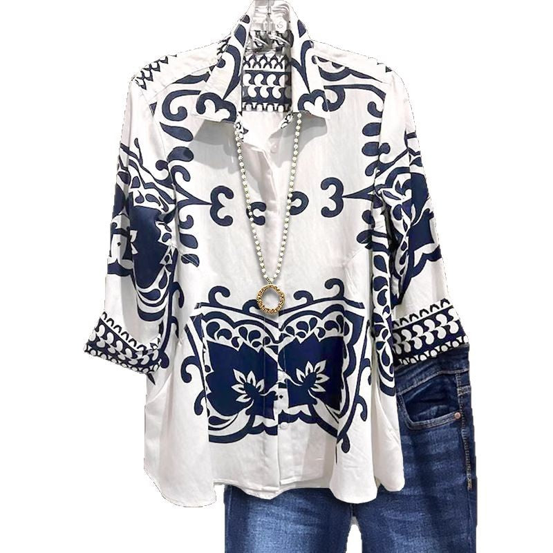 Women's Retro Black White Square Scarf Printed Shirt Court Blouses