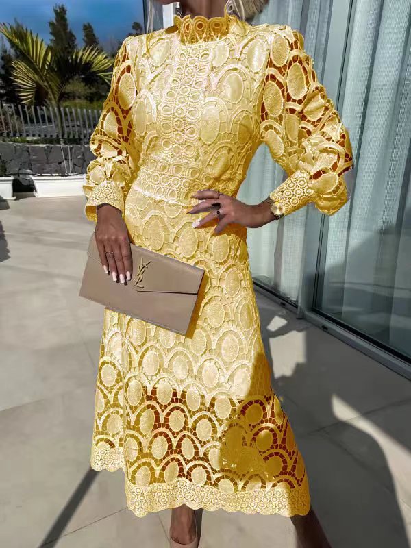French Style Lace Stand Collar Puff Dresses