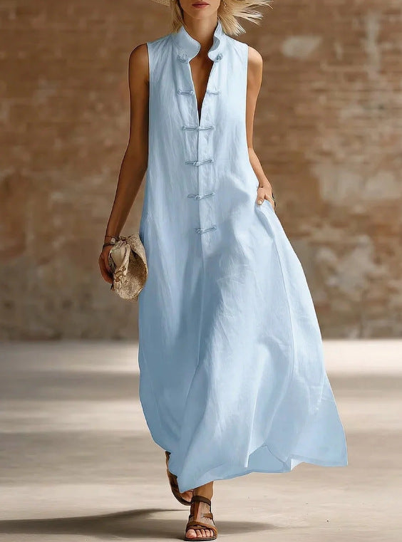 Women's Fashion Stand Collar Frog Buckle Loose Linen Cotton Dress