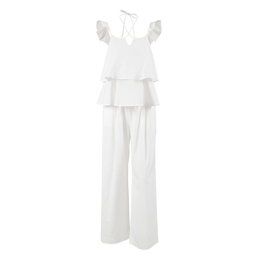 Women's White Cotton Linen Spring Fashion Ramie Flying Sleeves Wide Suits