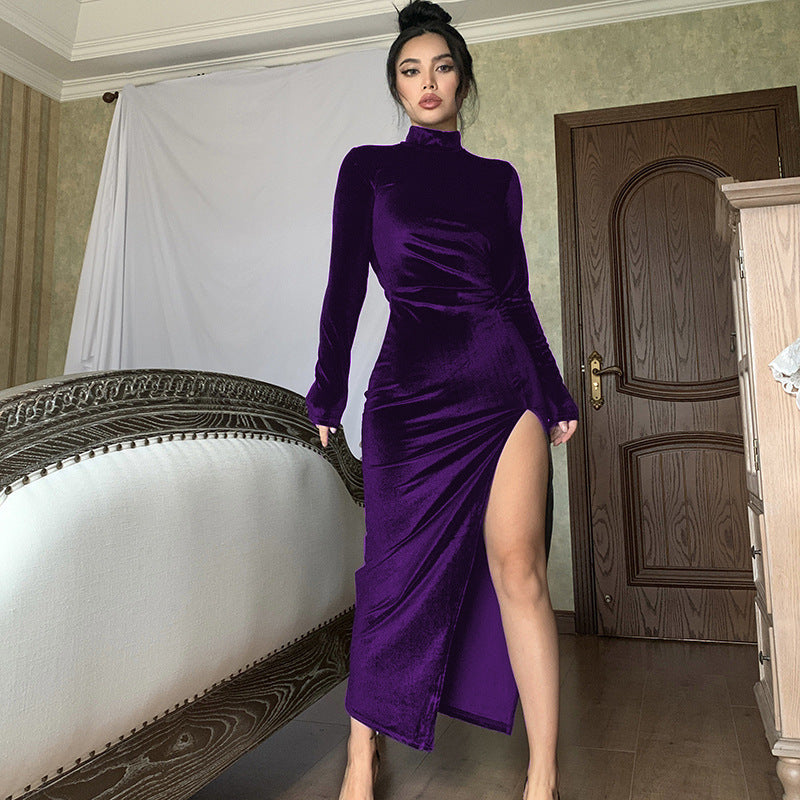 New Women's Turtleneck Long Pleated Split Dress